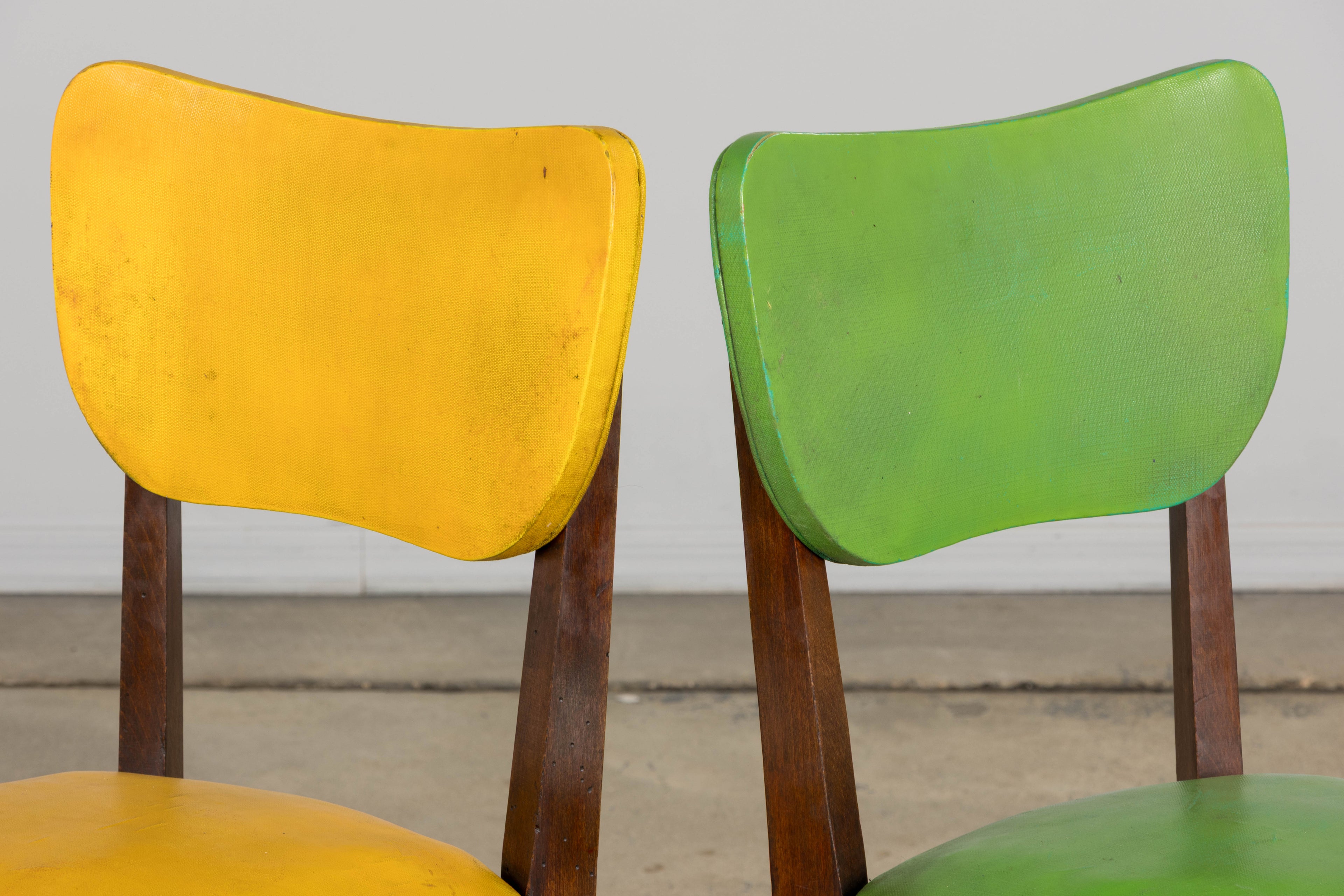 Mid Century Modern French Oak Dining Chairs in Rainbow Vinyl - Set of 6