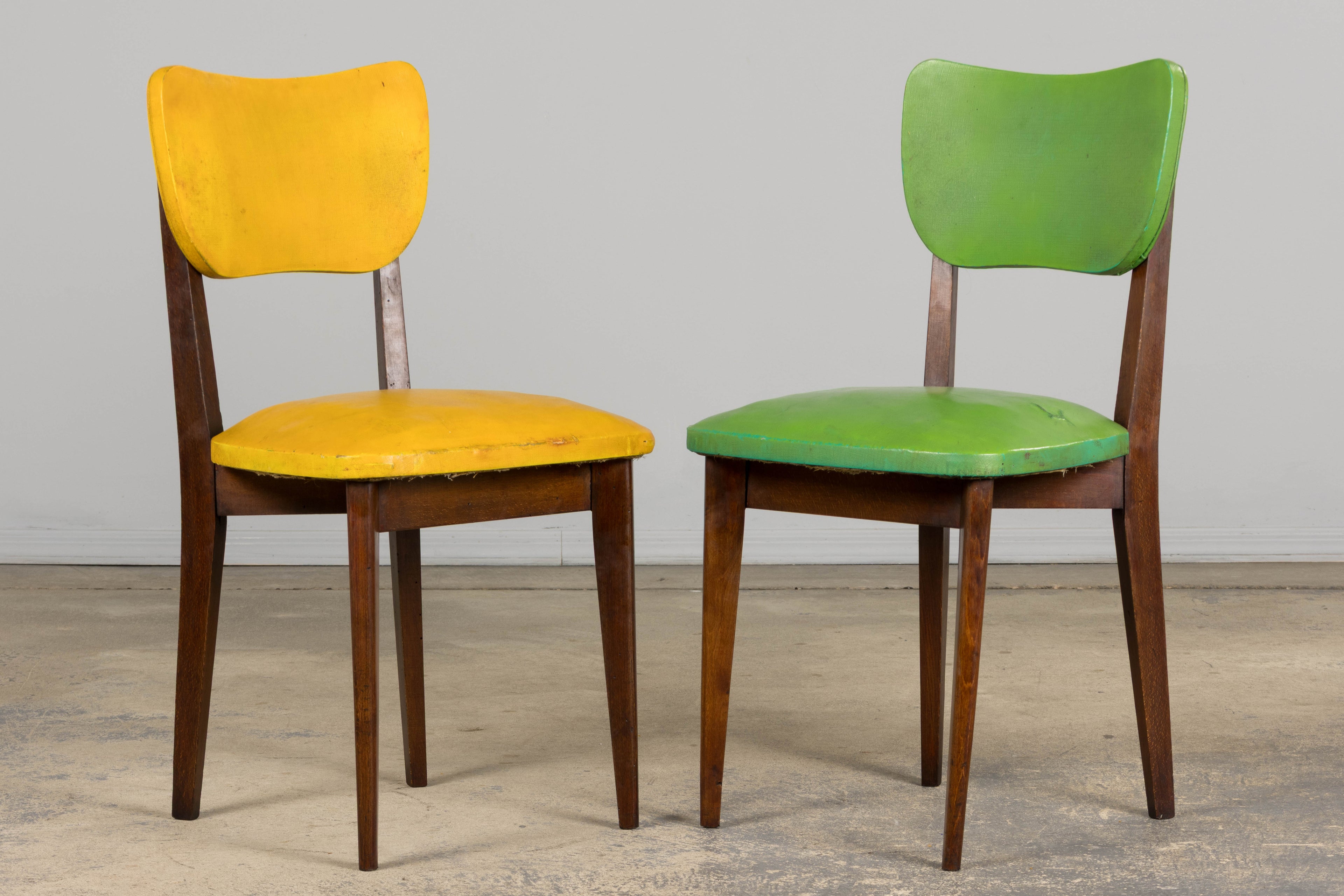 Mid Century Modern French Oak Dining Chairs in Rainbow Vinyl - Set of 6