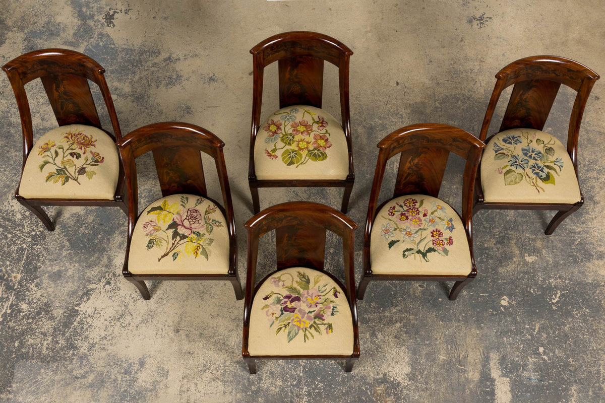 19th Century French Empire Style Mahogany Gondola Dining Chairs W/ Floral Tapestry - Set of 6