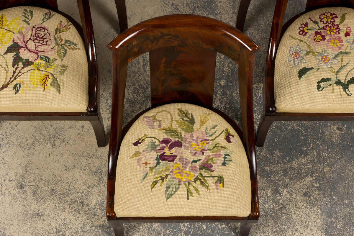 19th Century French Empire Style Mahogany Gondola Dining Chairs W/ Floral Tapestry - Set of 6