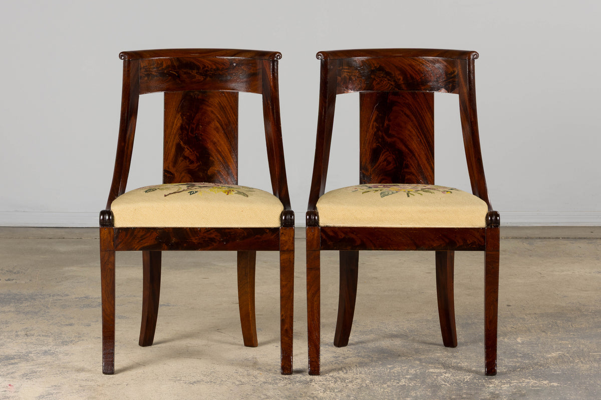 19th Century French Empire Style Mahogany Gondola Dining Chairs W/ Floral Tapestry - Set of 6
