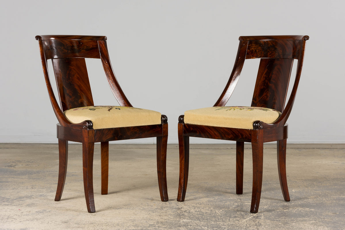 19th Century French Empire Style Mahogany Gondola Dining Chairs W/ Floral Tapestry - Set of 6