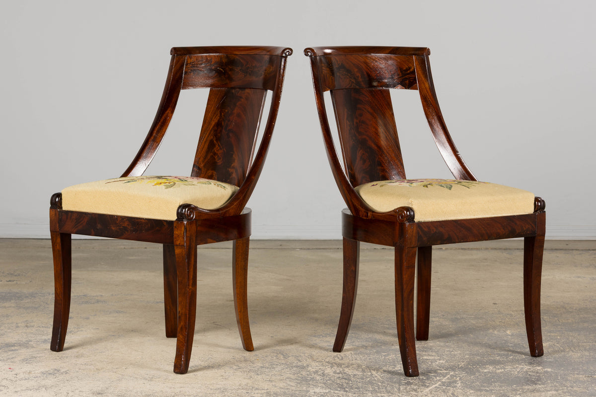 19th Century French Empire Style Mahogany Gondola Dining Chairs W/ Floral Tapestry - Set of 6