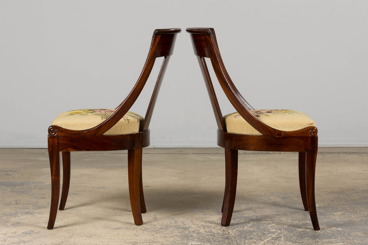19th Century French Empire Style Mahogany Gondola Dining Chairs W/ Floral Tapestry - Set of 6