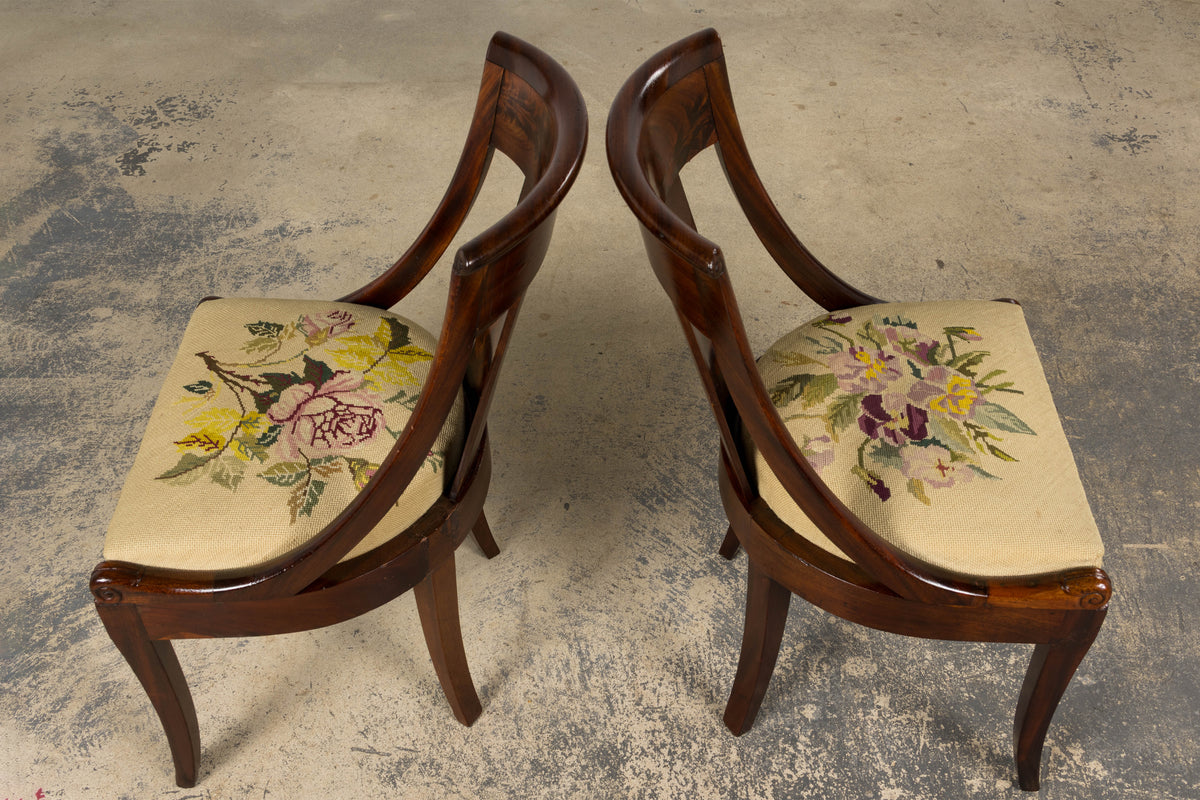 19th Century French Empire Style Mahogany Gondola Dining Chairs W/ Floral Tapestry - Set of 6
