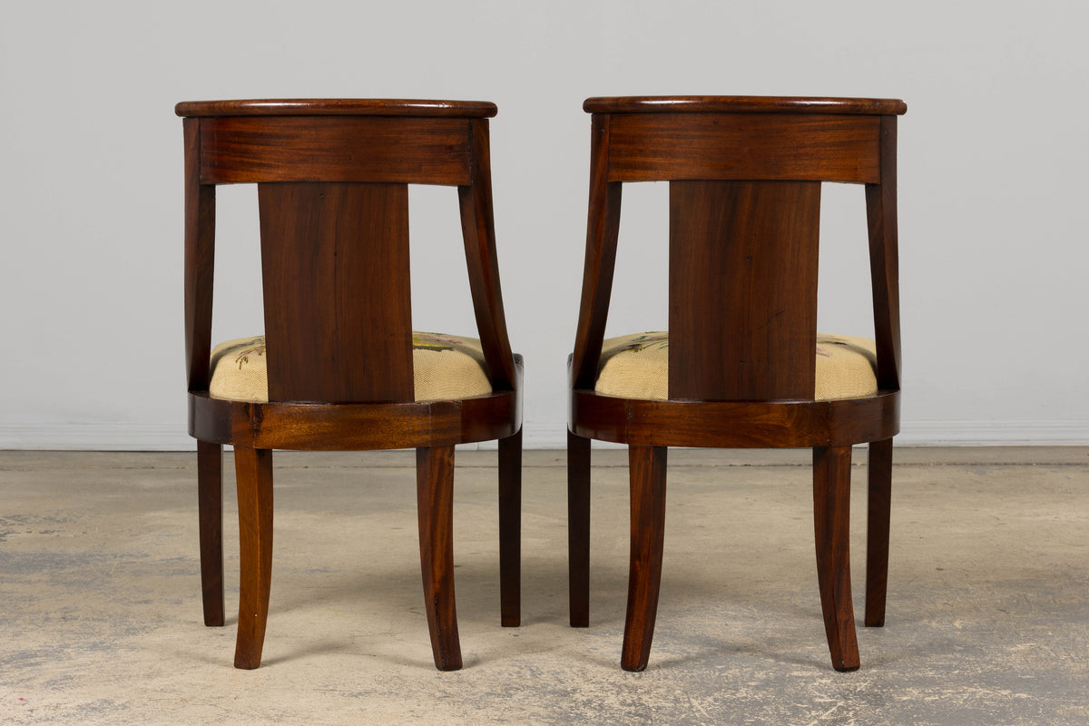 19th Century French Empire Style Mahogany Gondola Dining Chairs W/ Floral Tapestry - Set of 6