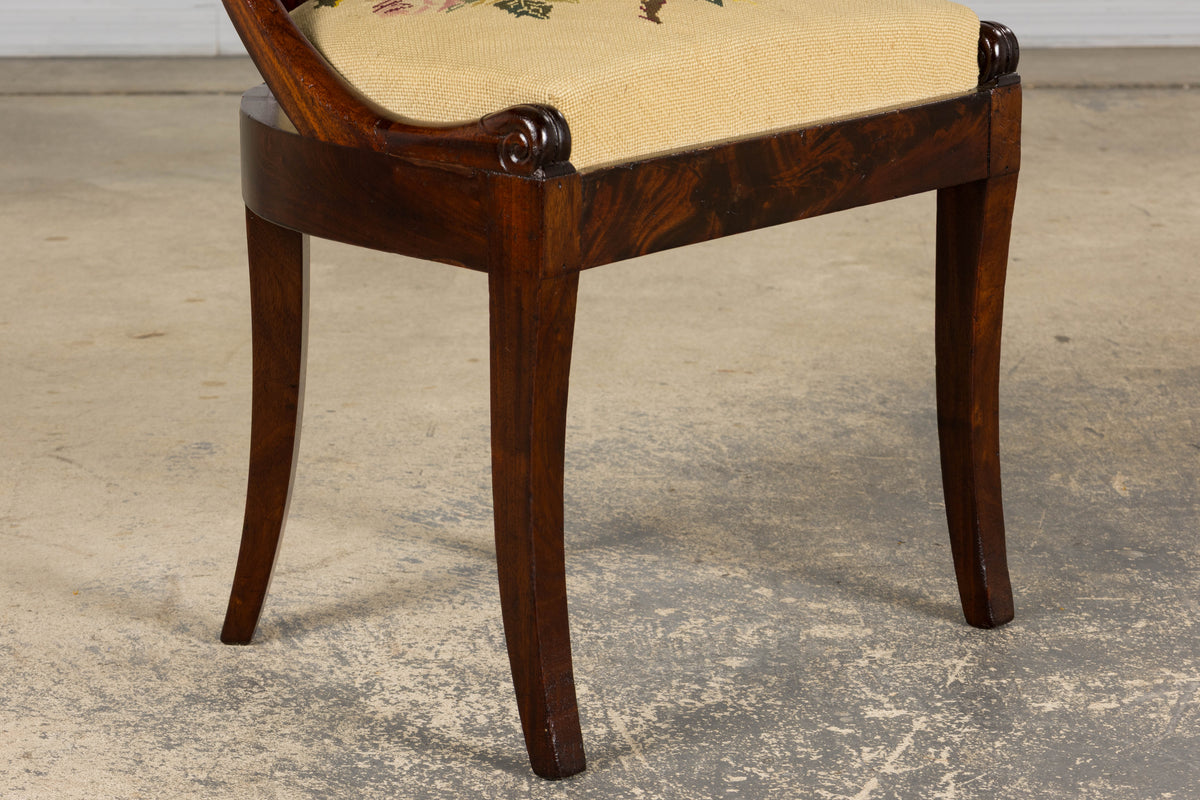 19th Century French Empire Style Mahogany Gondola Dining Chairs W/ Floral Tapestry - Set of 6