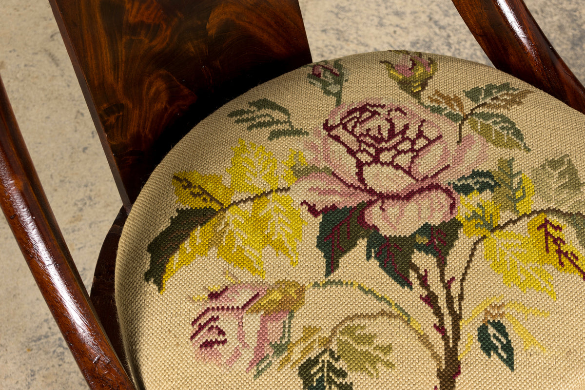 19th Century French Empire Style Mahogany Gondola Dining Chairs W/ Floral Tapestry - Set of 6