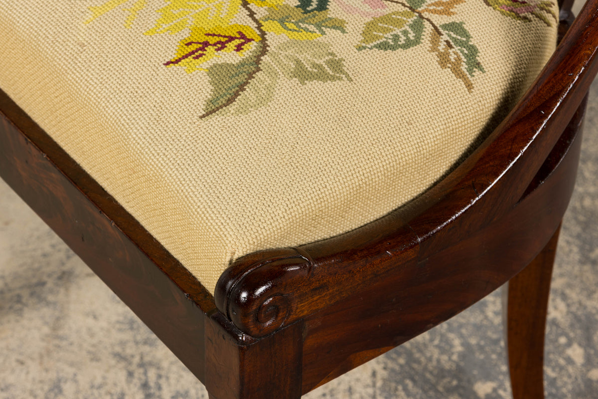 19th Century French Empire Style Mahogany Gondola Dining Chairs W/ Floral Tapestry - Set of 6