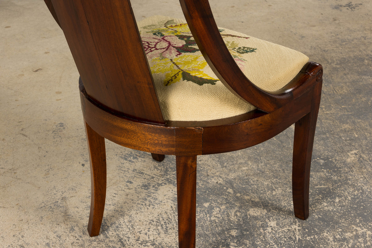 19th Century French Empire Style Mahogany Gondola Dining Chairs W/ Floral Tapestry - Set of 6