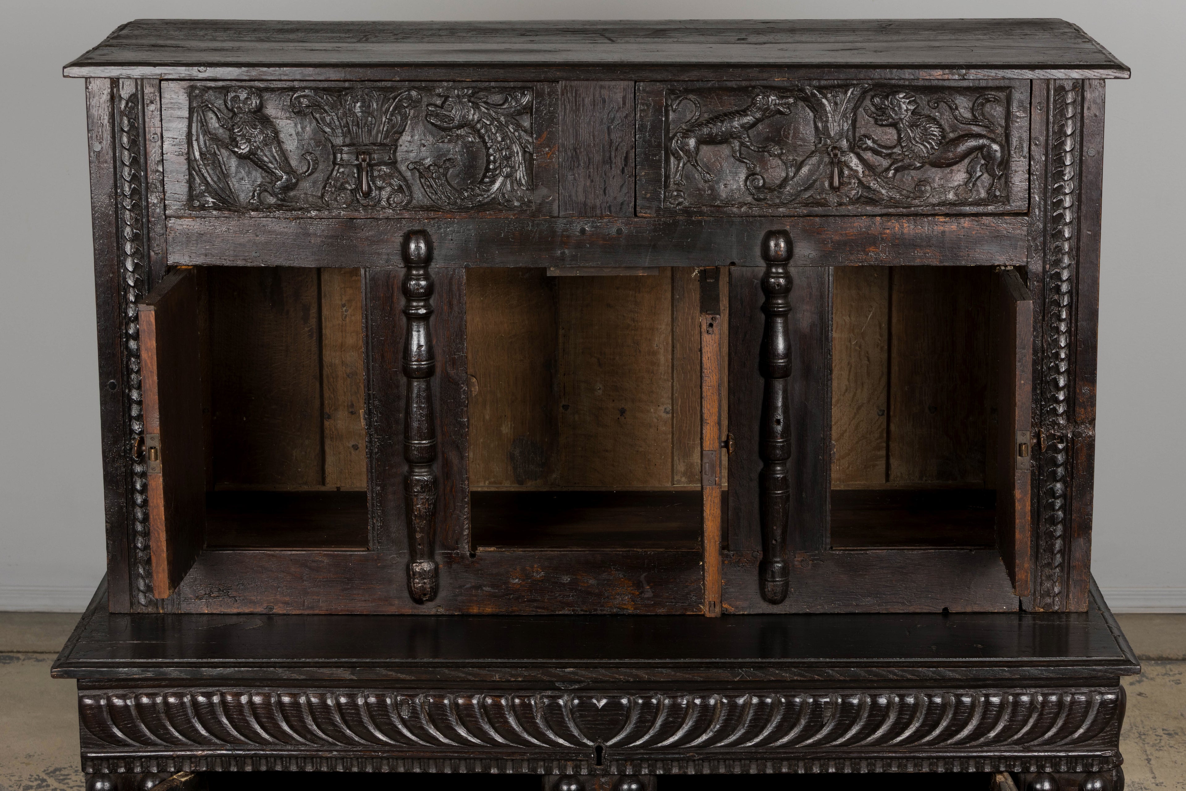 ON HOLD 18th Century French Renaissance Carved Oak Cupboard Buffet