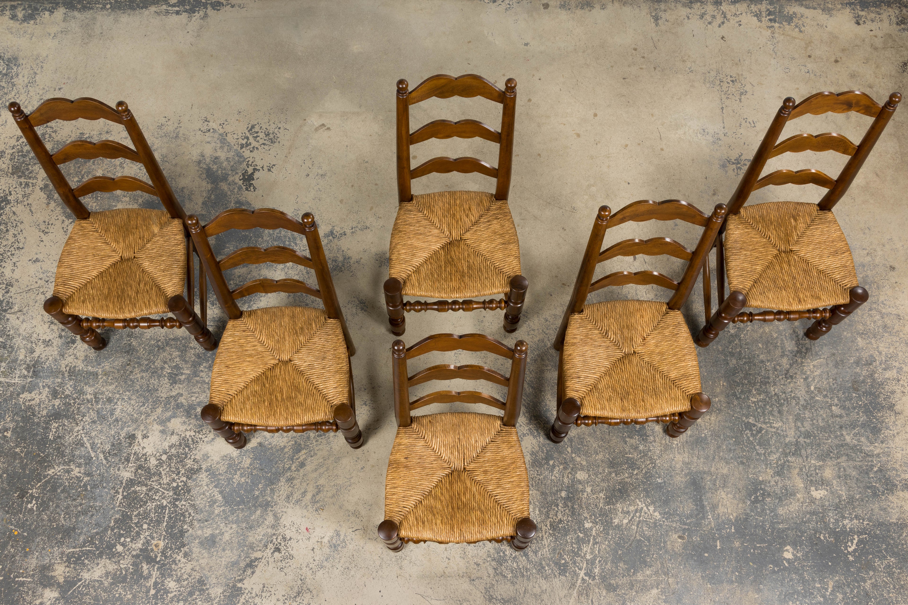 Antique French Provincial Ladderback Walnut Dining Chairs with Rush Seats – Set of 6
