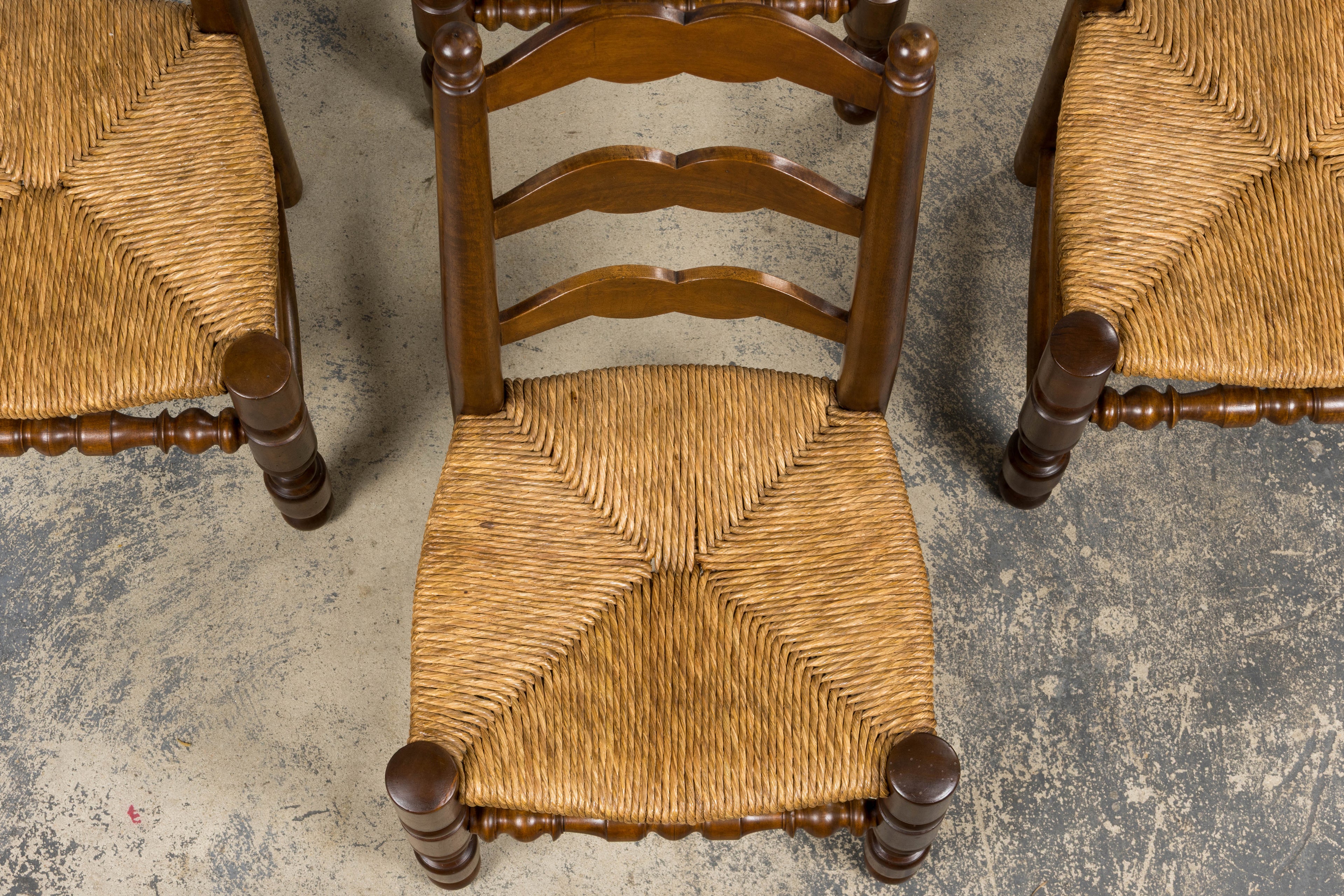 Antique French Provincial Ladderback Walnut Dining Chairs with Rush Seats – Set of 6