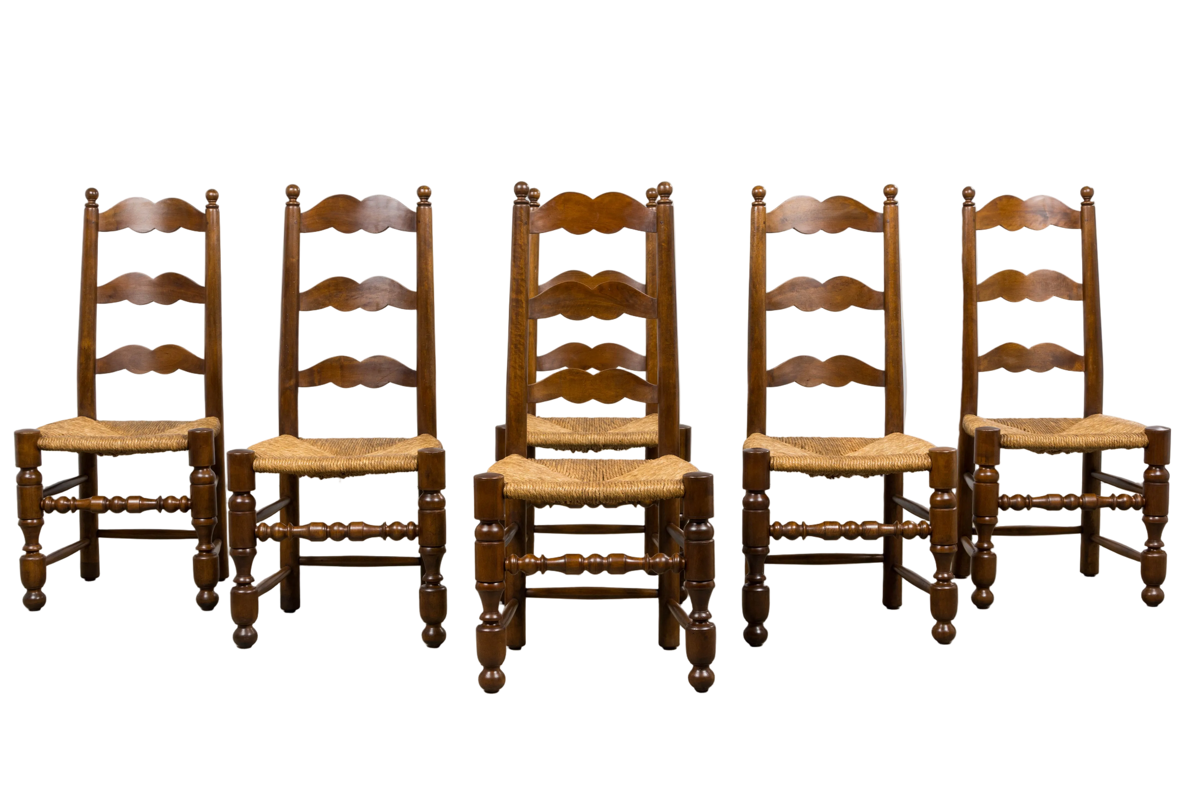 Antique French Provincial Ladderback Walnut Dining Chairs with Rush Seats – Set of 6