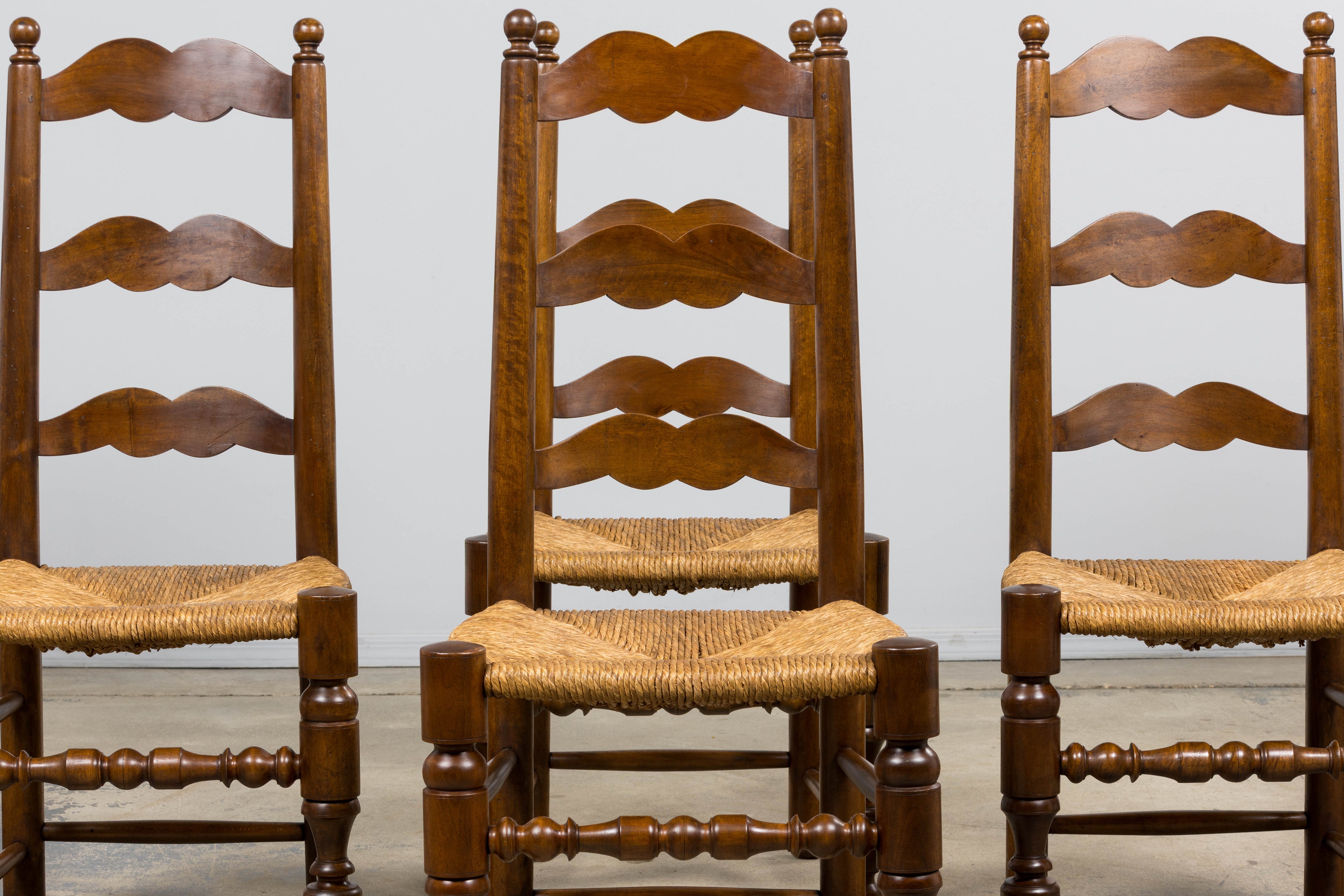 Antique French Provincial Ladderback Walnut Dining Chairs with Rush Seats – Set of 6