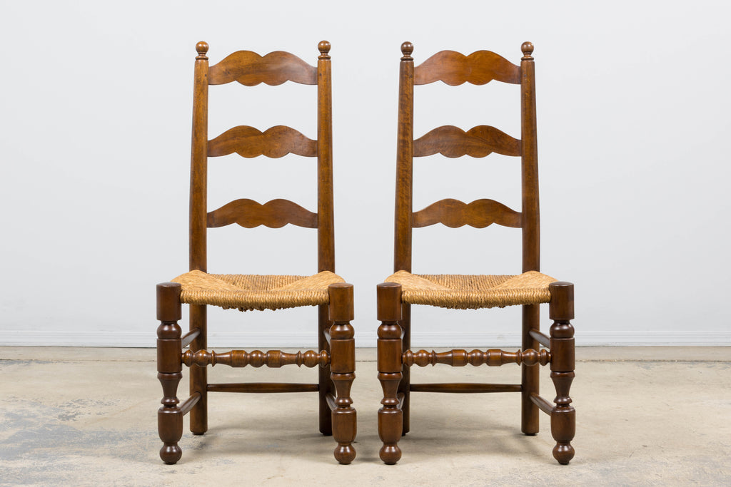 Antique French Provincial Ladderback Walnut Dining Chairs with Rush Seats – Set of 6