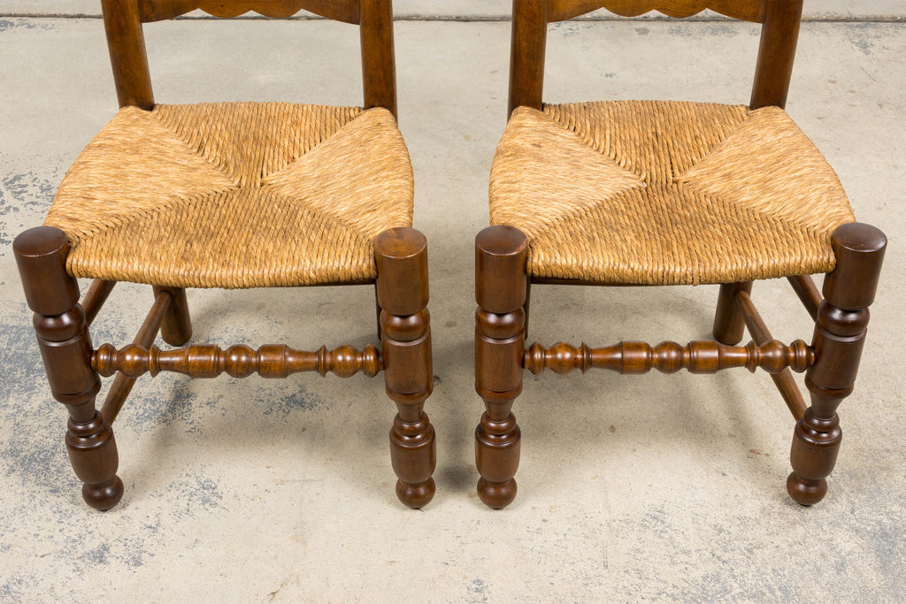 Antique French Provincial Ladderback Walnut Dining Chairs with Rush Seats – Set of 6