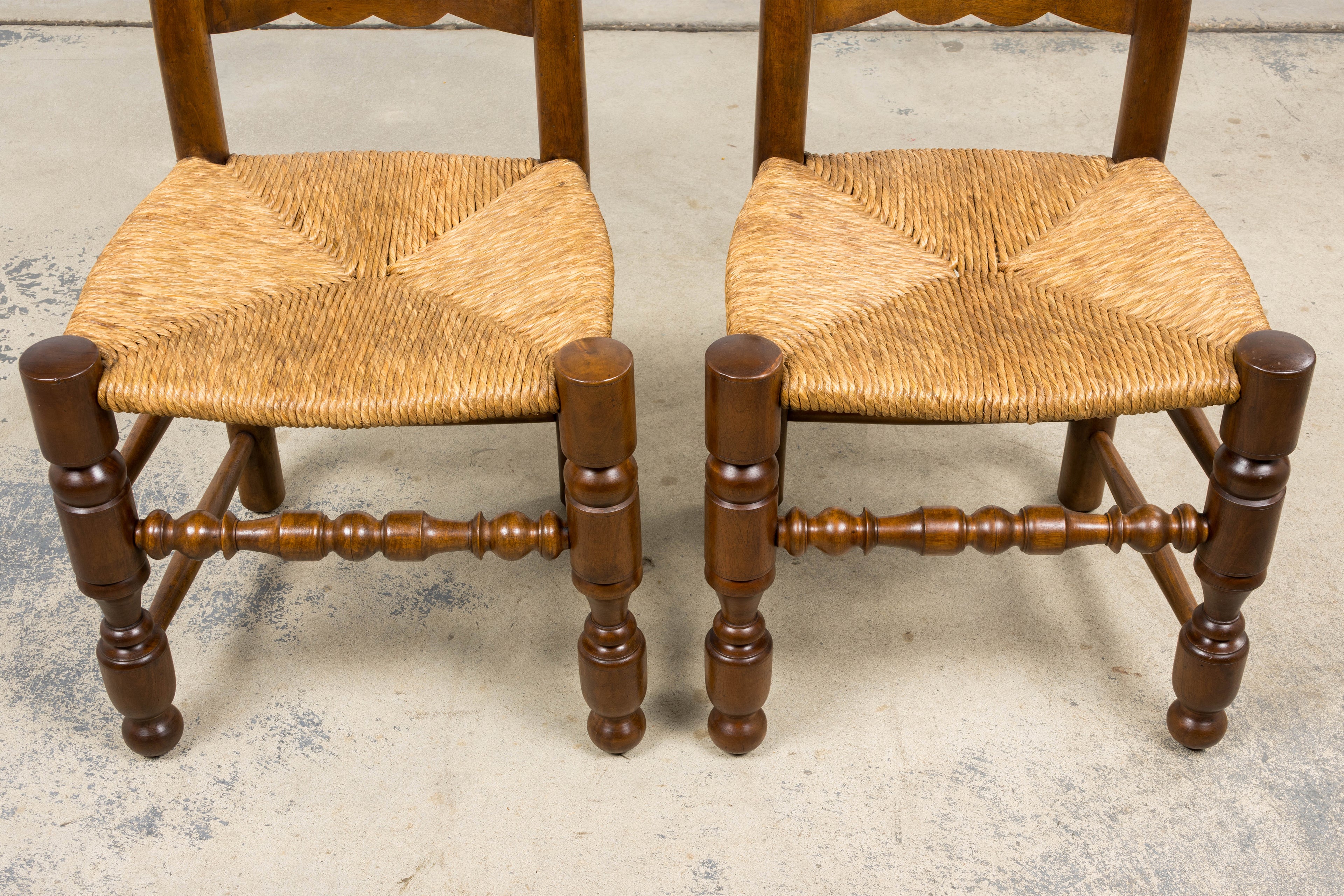 Antique French Provincial Ladderback Walnut Dining Chairs with Rush Seats – Set of 6