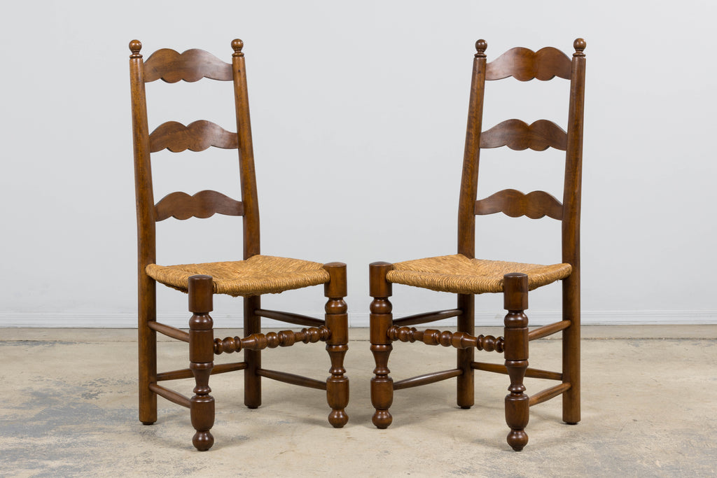 Antique French Provincial Ladderback Walnut Dining Chairs with Rush Seats – Set of 6