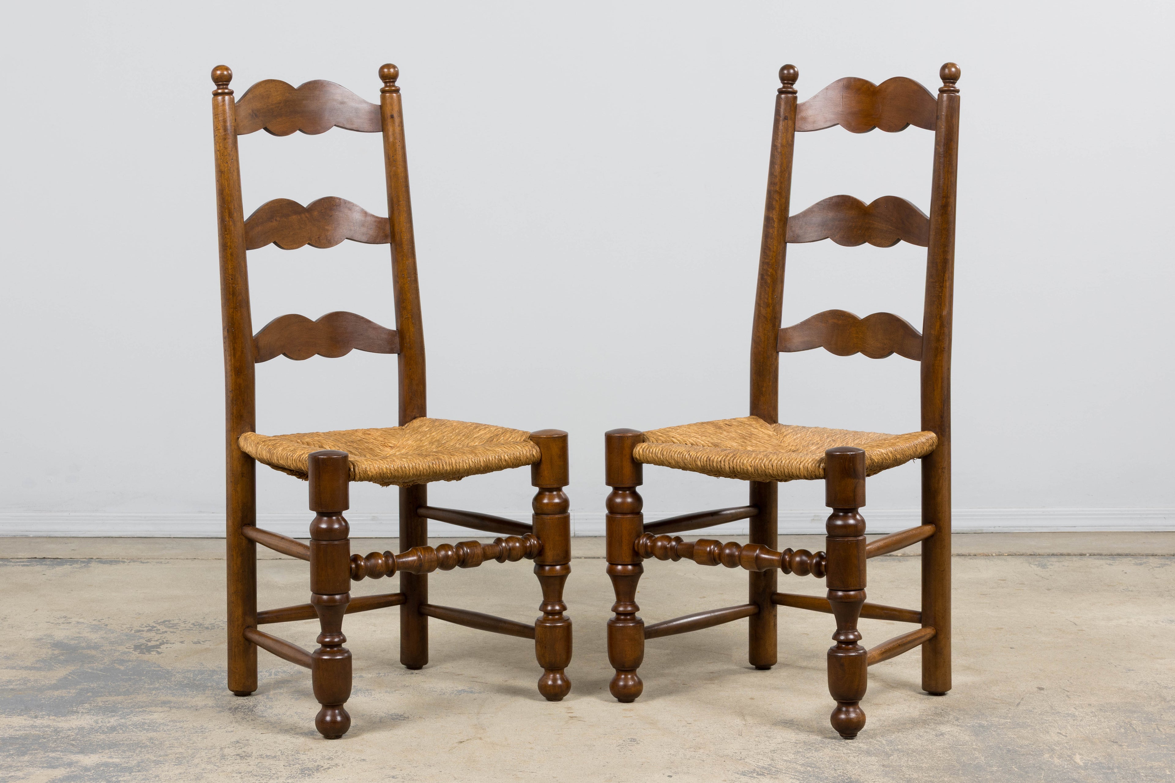 Antique French Provincial Ladderback Walnut Dining Chairs with Rush Seats – Set of 6