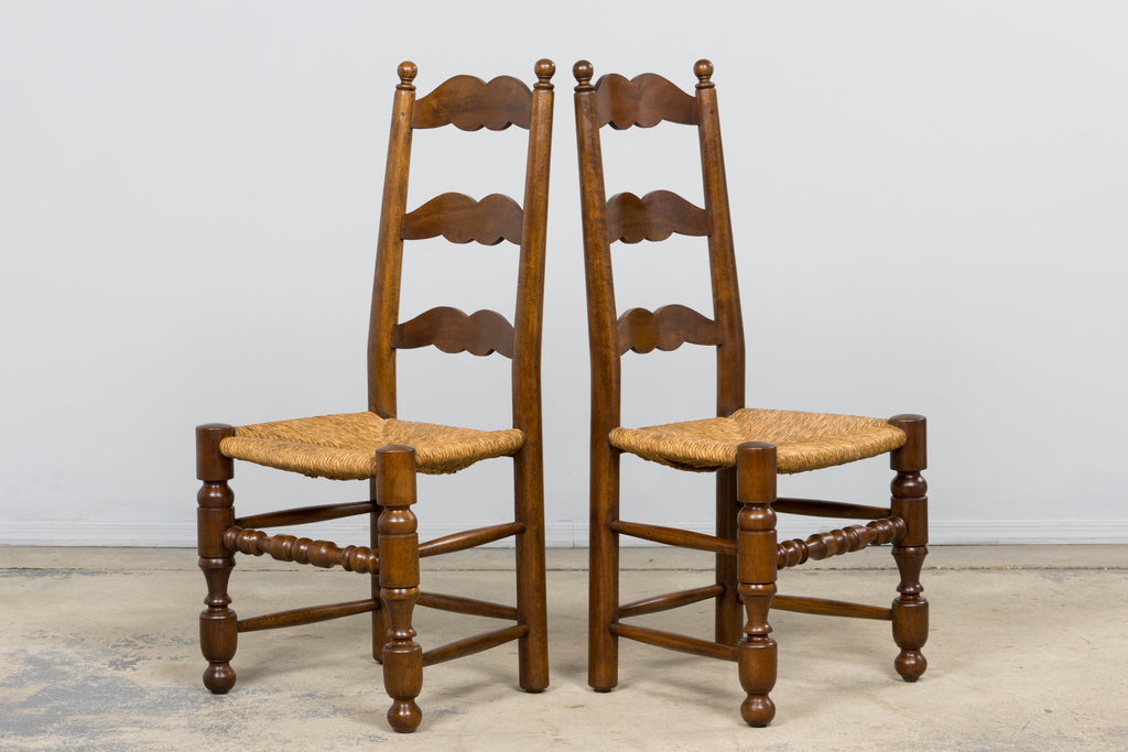 Antique French Provincial Ladderback Walnut Dining Chairs with Rush Seats – Set of 6