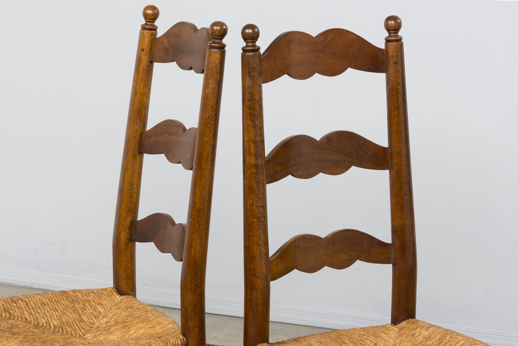 Antique French Provincial Ladderback Walnut Dining Chairs with Rush Seats – Set of 6