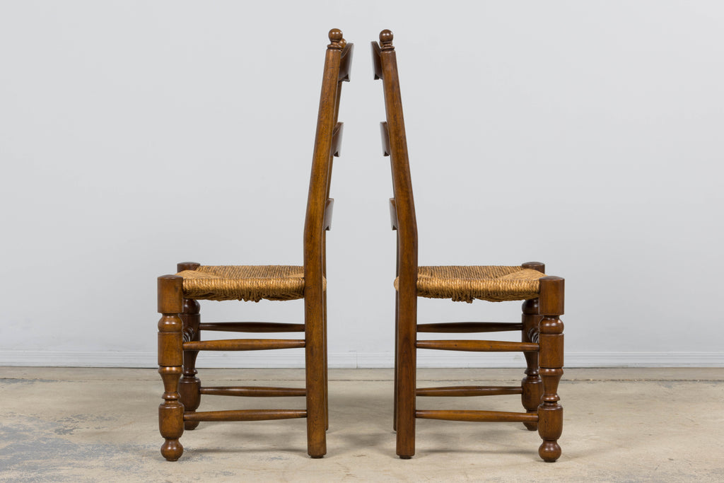 Antique French Provincial Ladderback Walnut Dining Chairs with Rush Seats – Set of 6