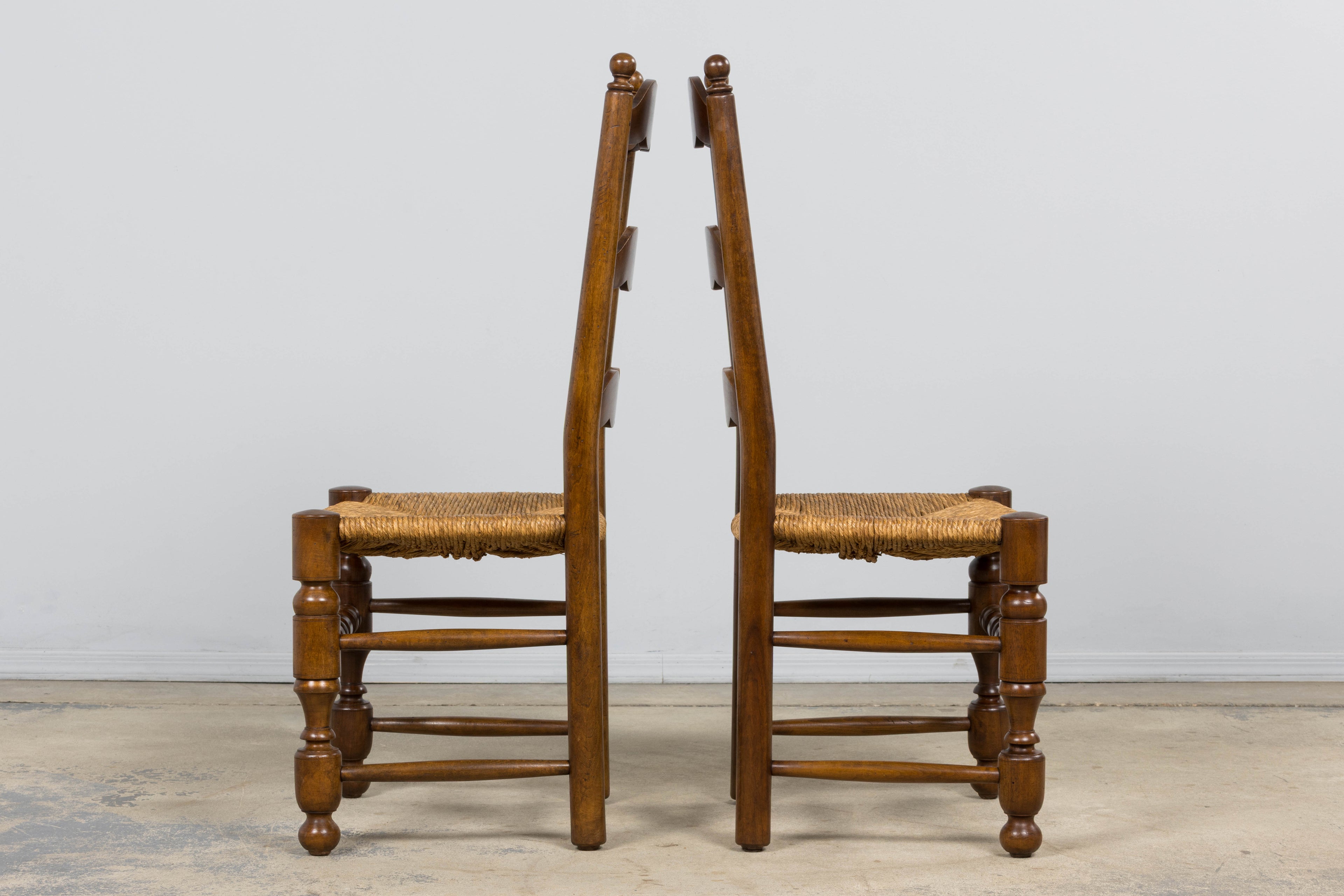 Antique French Provincial Ladderback Walnut Dining Chairs with Rush Seats – Set of 6