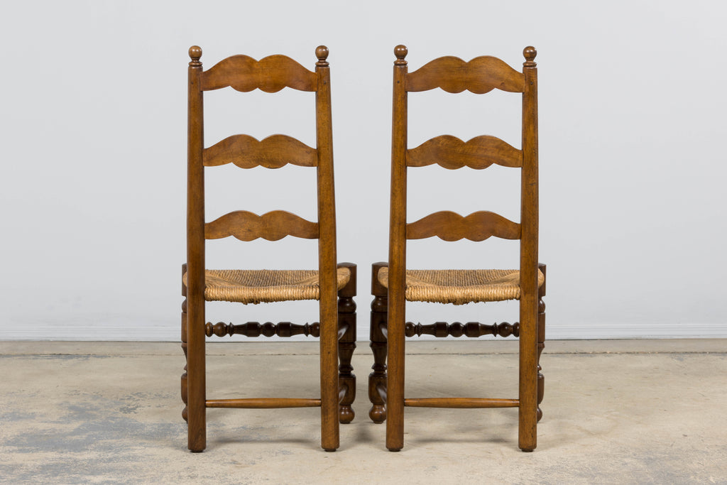 Antique French Provincial Ladderback Walnut Dining Chairs with Rush Seats – Set of 6