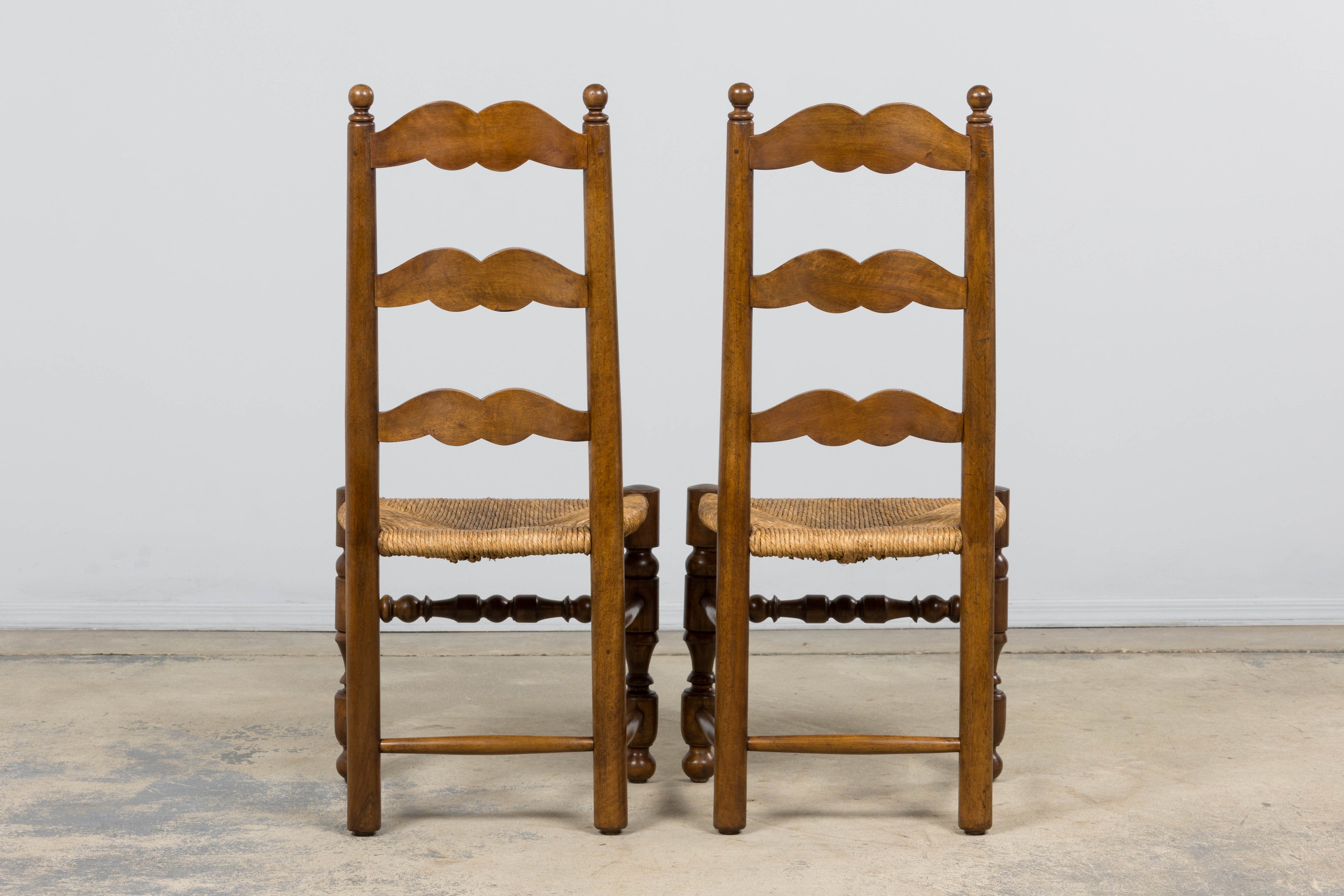 Antique French Provincial Ladderback Walnut Dining Chairs with Rush Seats – Set of 6