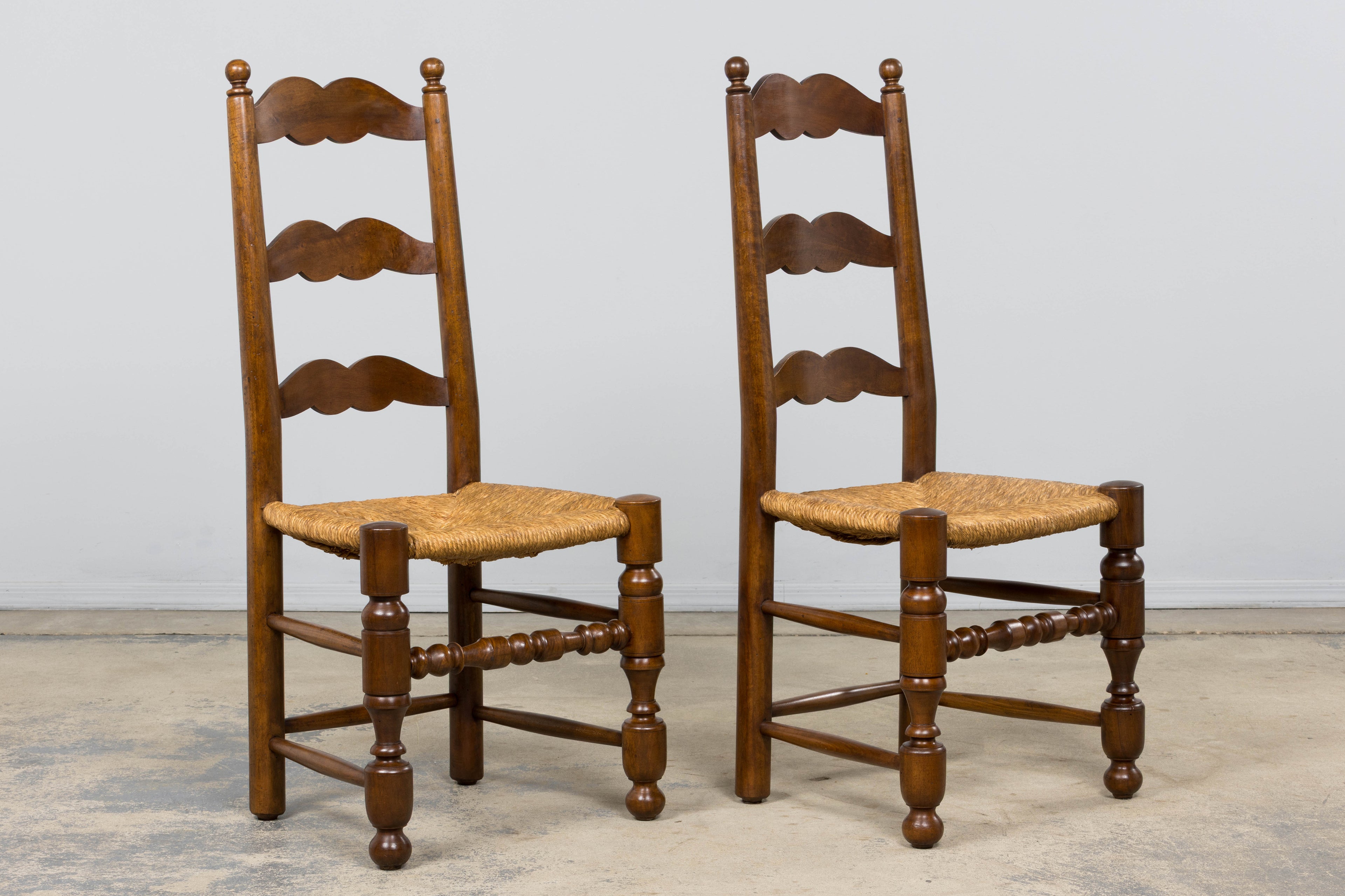 Antique French Provincial Ladderback Walnut Dining Chairs with Rush Seats – Set of 6