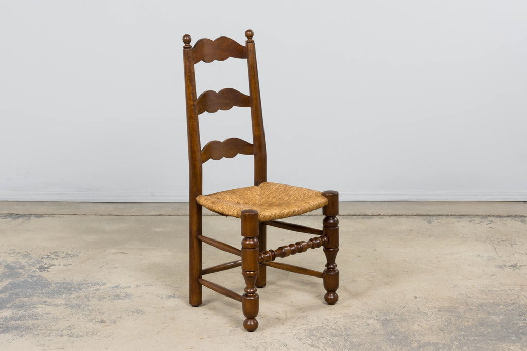 Antique French Provincial Ladderback Walnut Dining Chairs with Rush Seats – Set of 6