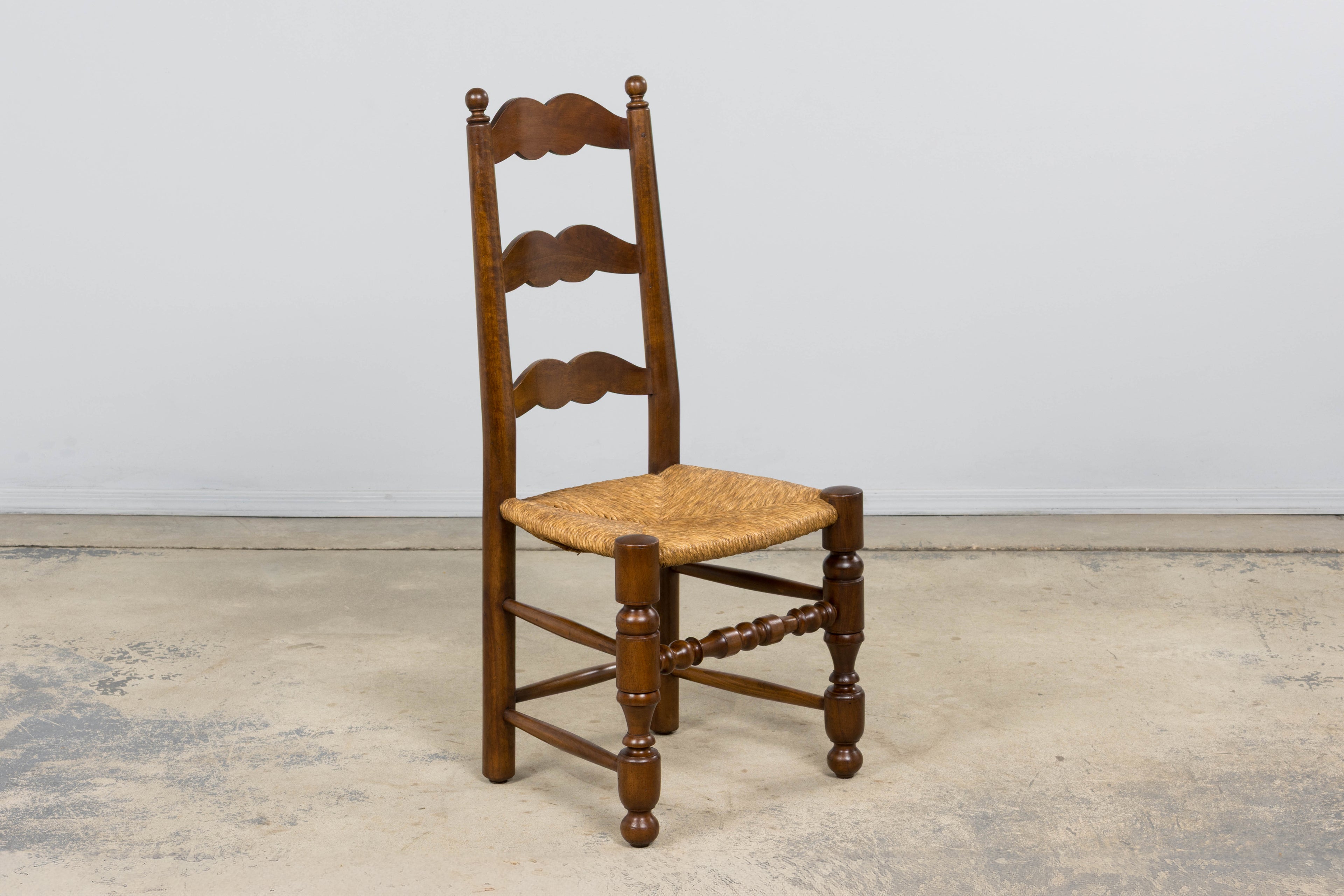 Antique French Provincial Ladderback Walnut Dining Chairs with Rush Seats – Set of 6