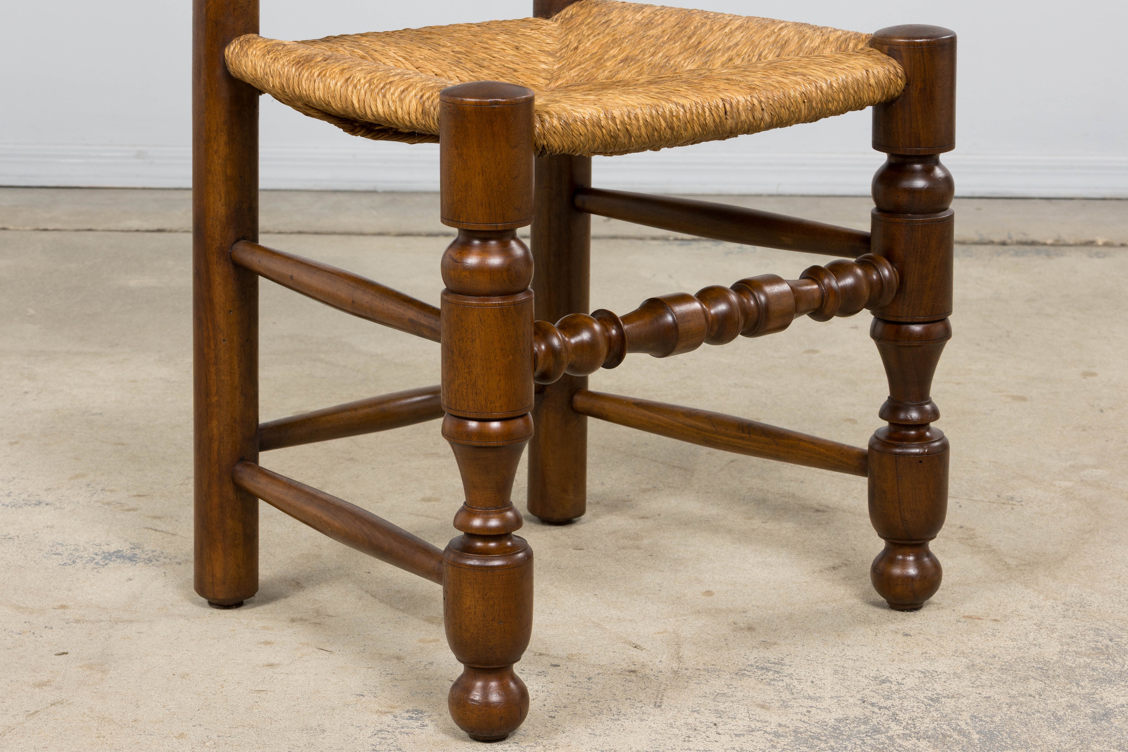 Antique French Provincial Ladderback Walnut Dining Chairs with Rush Seats – Set of 6