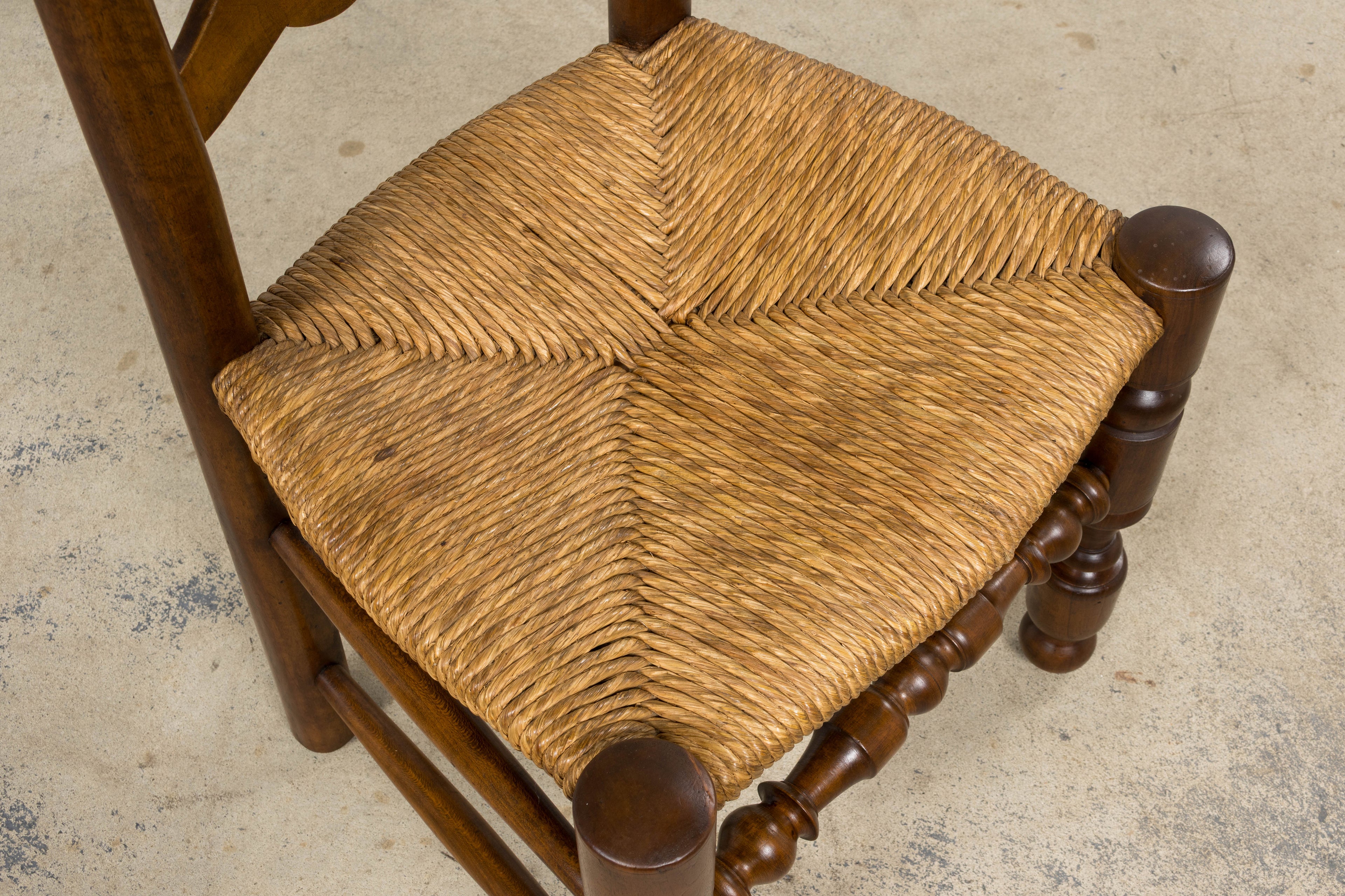 Antique French Provincial Ladderback Walnut Dining Chairs with Rush Seats – Set of 6