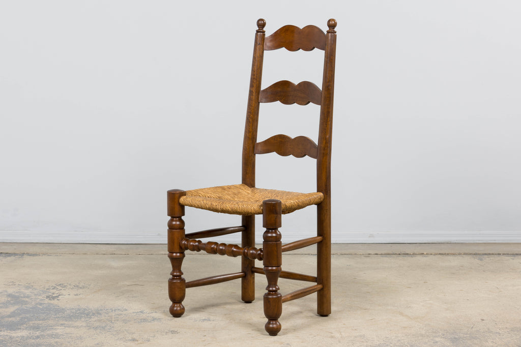 Antique French Provincial Ladderback Walnut Dining Chairs with Rush Seats – Set of 6