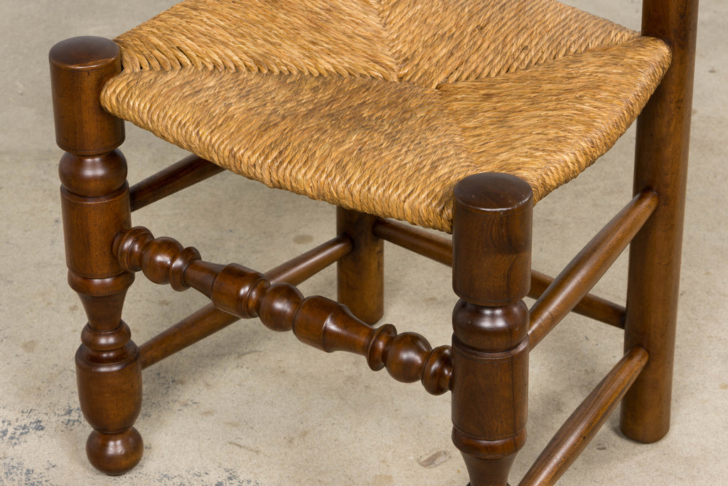 Antique French Provincial Ladderback Walnut Dining Chairs with Rush Seats – Set of 6