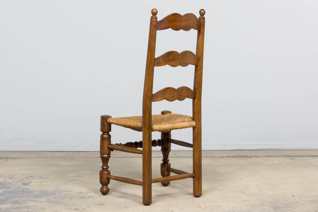 Antique French Provincial Ladderback Walnut Dining Chairs with Rush Seats – Set of 6