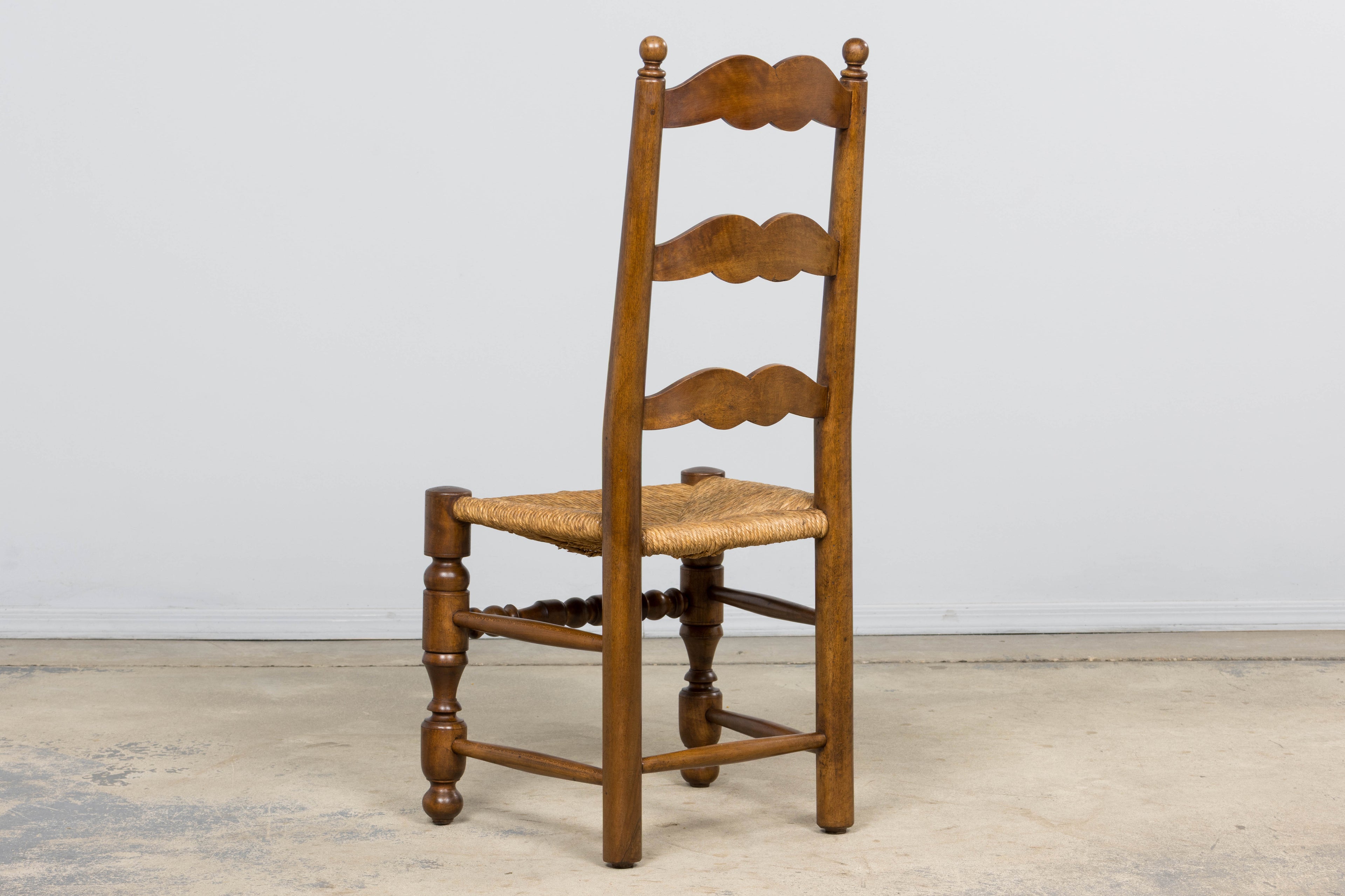 Antique French Provincial Ladderback Walnut Dining Chairs with Rush Seats – Set of 6