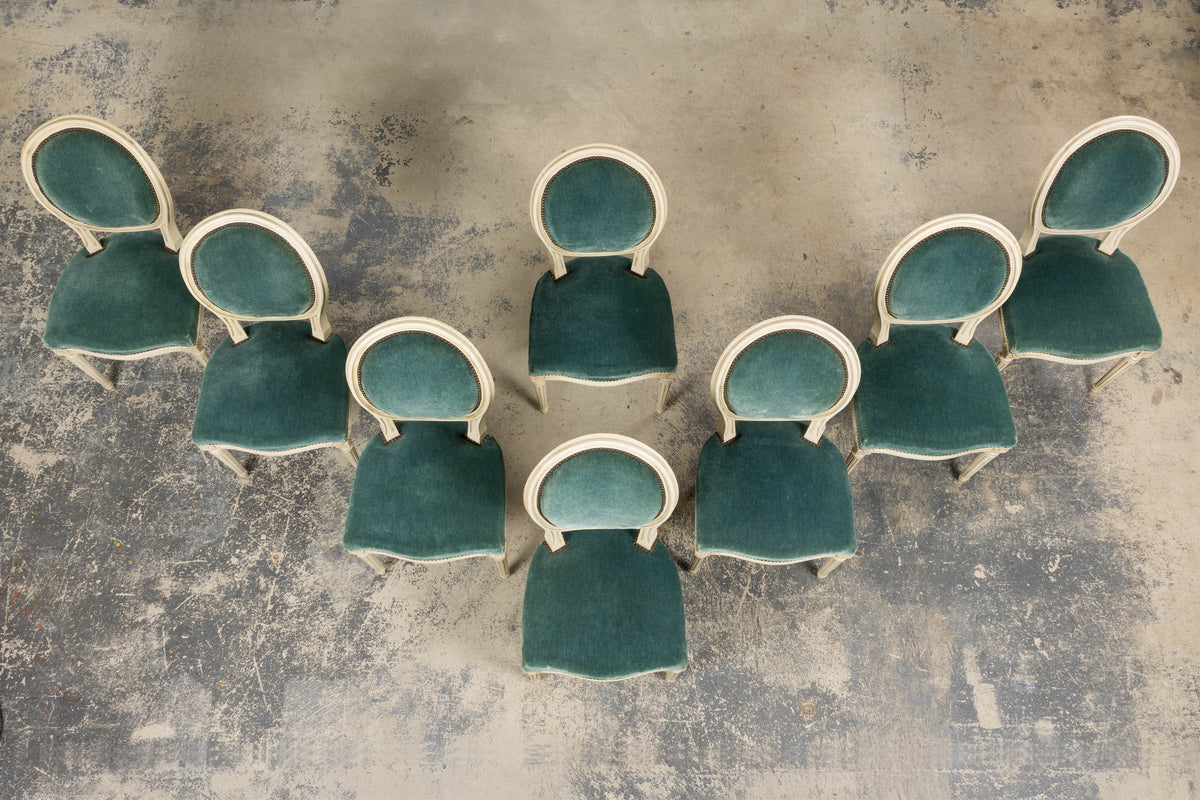 Antique French Louis XVI Style Painted Dining Chairs in Teal Mohair - Set of 8