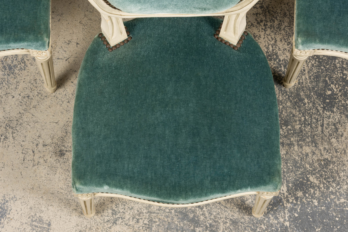 Antique French Louis XVI Style Painted Dining Chairs in Teal Mohair - Set of 8