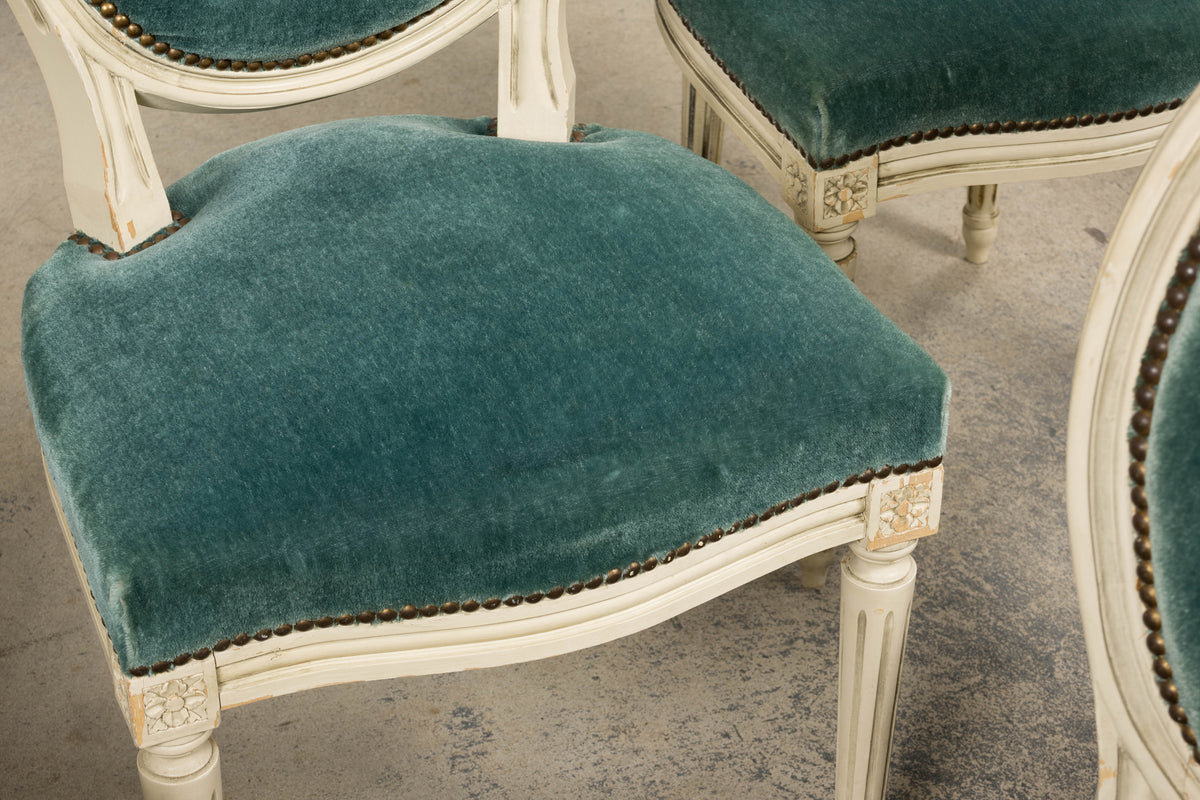 Antique French Louis XVI Style Painted Dining Chairs in Teal Mohair - Set of 8