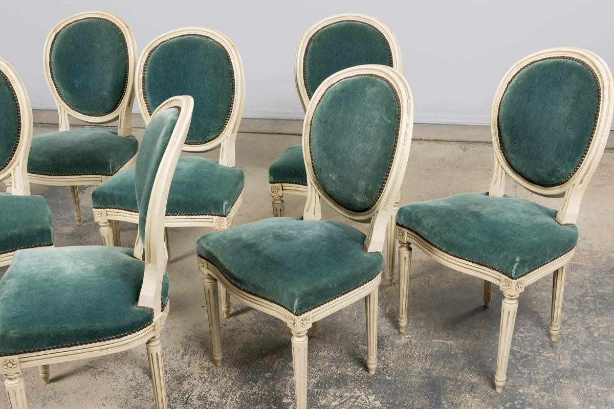Antique French Louis XVI Style Painted Dining Chairs in Teal Mohair - Set of 8