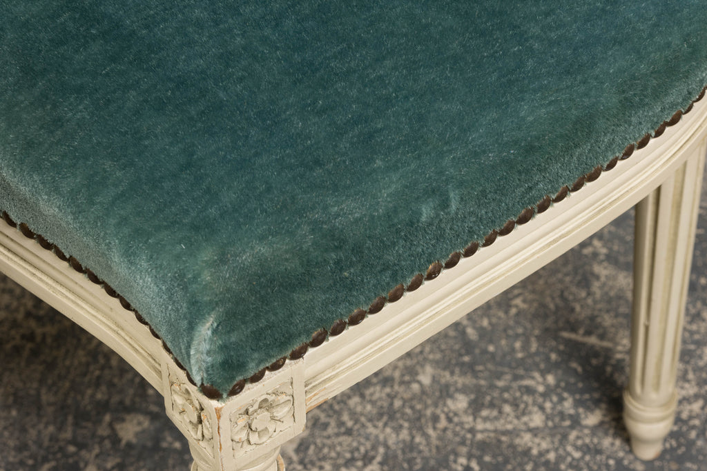 Antique French Louis XVI Style Painted Dining Chairs in Teal Mohair - Set of 8