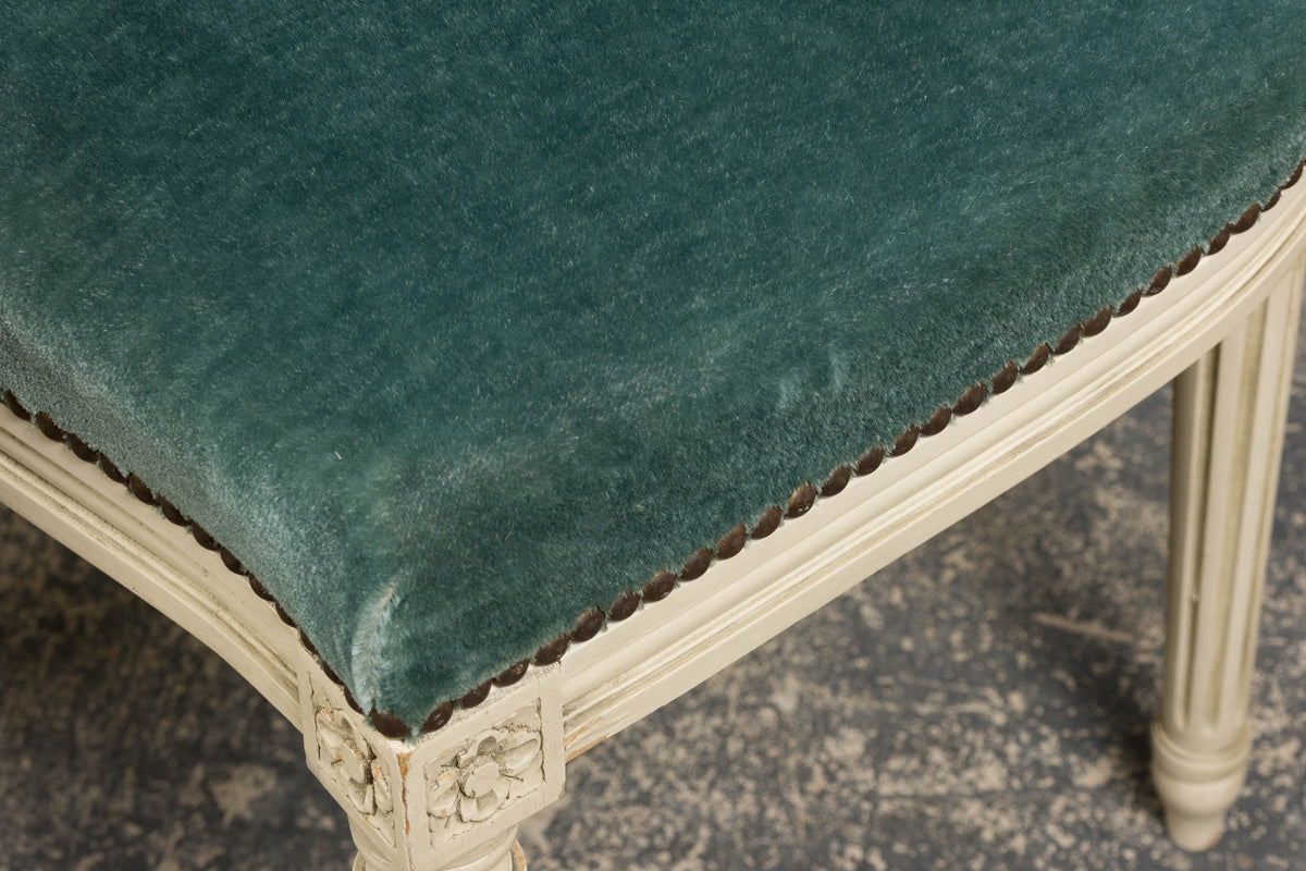 Antique French Louis XVI Style Painted Dining Chairs in Teal Mohair - Set of 8