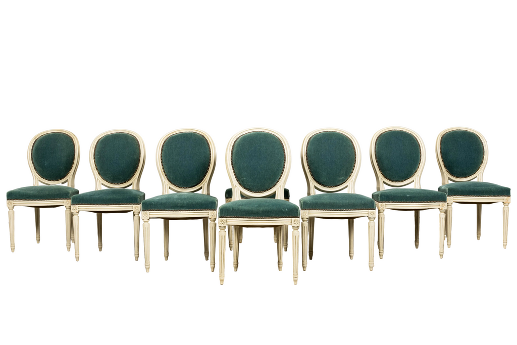 Antique French Louis XVI Style Painted Dining Chairs in Teal Mohair - Set of 8