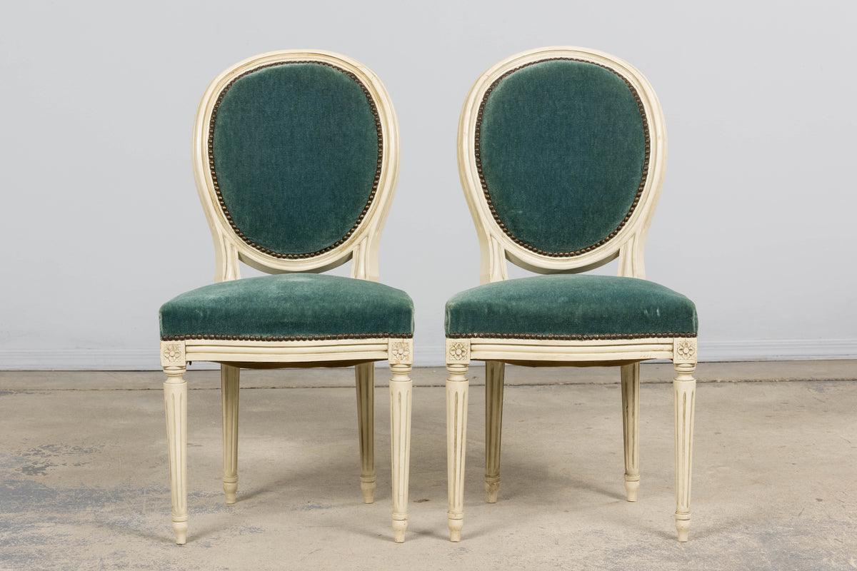Antique French Louis XVI Style Painted Dining Chairs in Teal Mohair - Set of 8