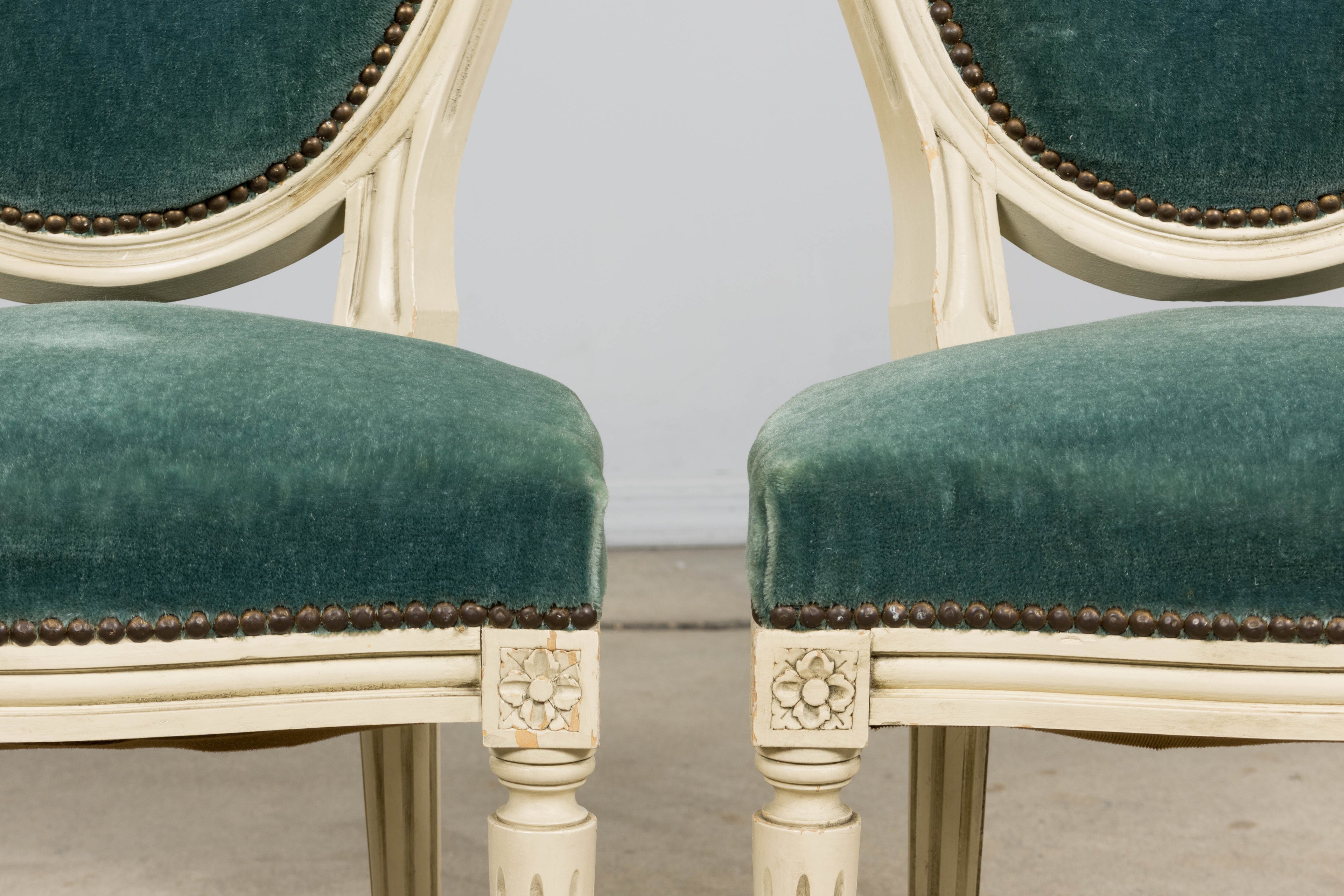 Antique French Louis XVI Style Painted Dining Chairs in Teal Mohair - Set of 8