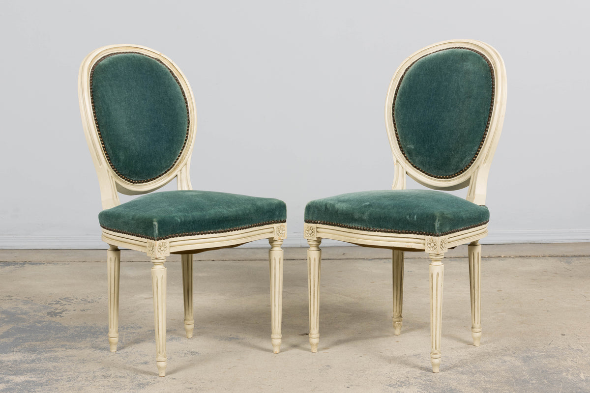Antique French Louis XVI Style Painted Dining Chairs in Teal Mohair - Set of 8