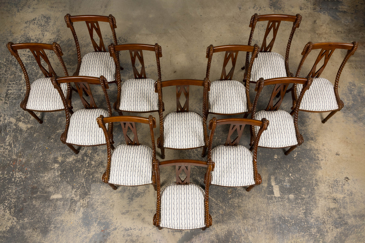 Napoleon III Style Faux Rope Mahogany Gondola Dining Chairs In Caspian Blue Stripe - Set of 12